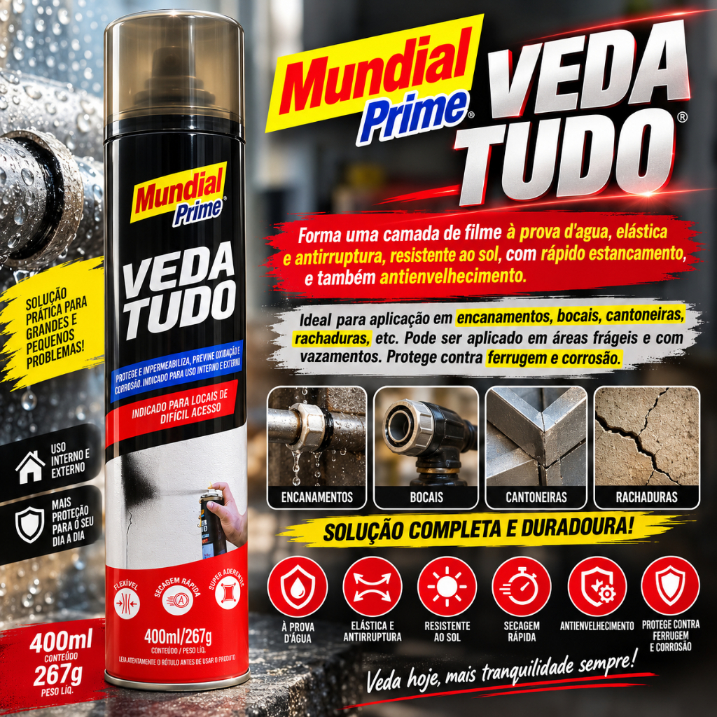 Spray Impermeabilizante Veda Tudo Borracha Líquida 400ml Super Aderente Mundial Prime
