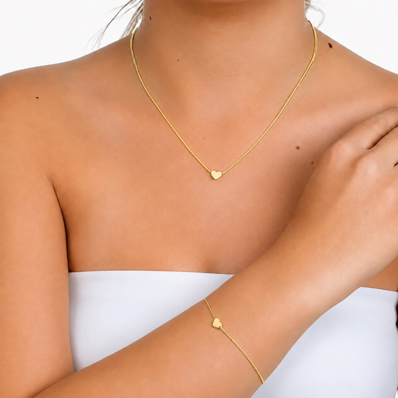 Conjunto Colar  e Pulseira Coração Semi Joia Banhada Ouro 18K Feminino