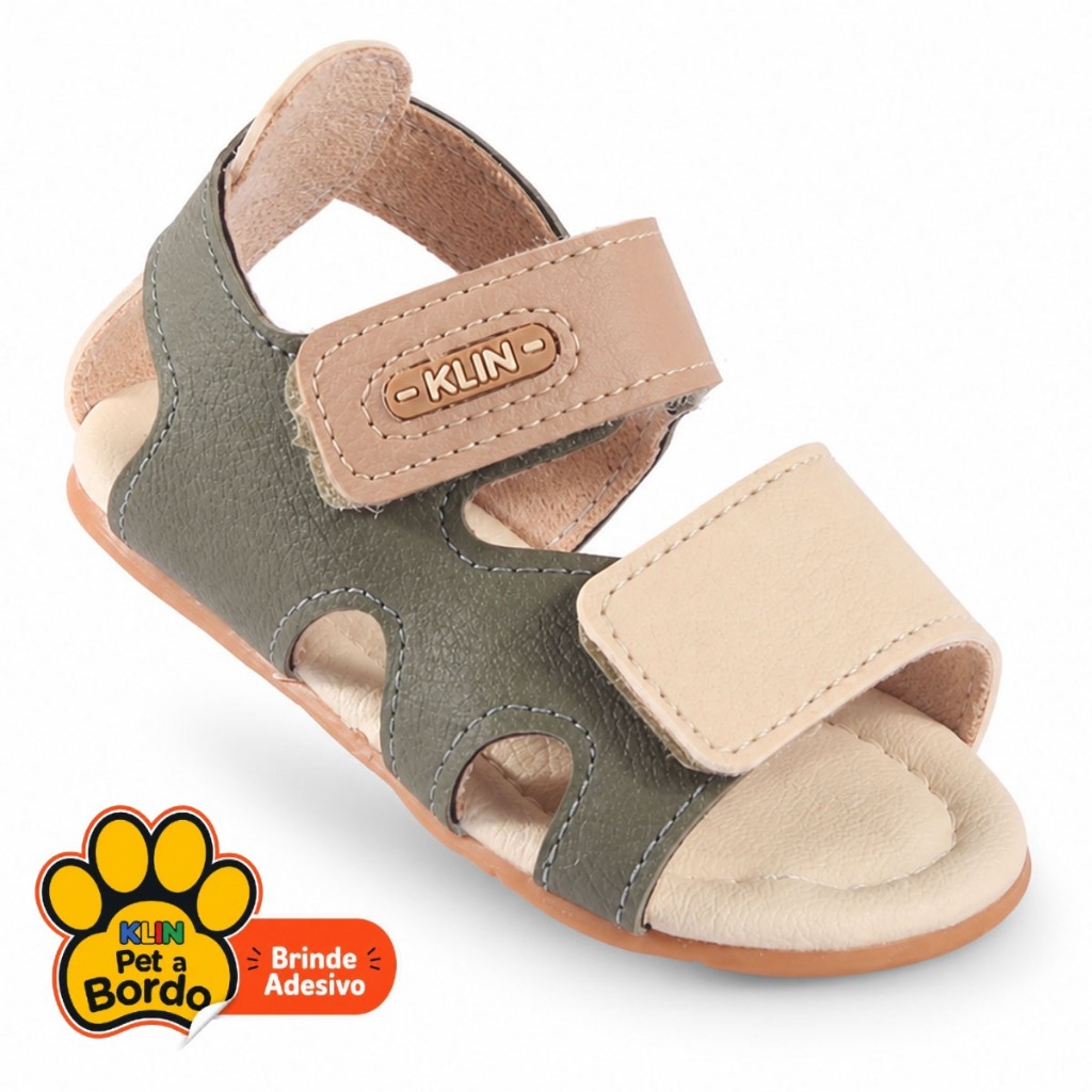 Sandália Papete Infantil Bebe Menino Klin Cup cake com Fecho em Velcro Verde Militar e Bege