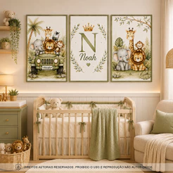 Kit 3 Quadros Infantil Safari Personalizado com Nome Decoração Quarto Bebê Verde Menino