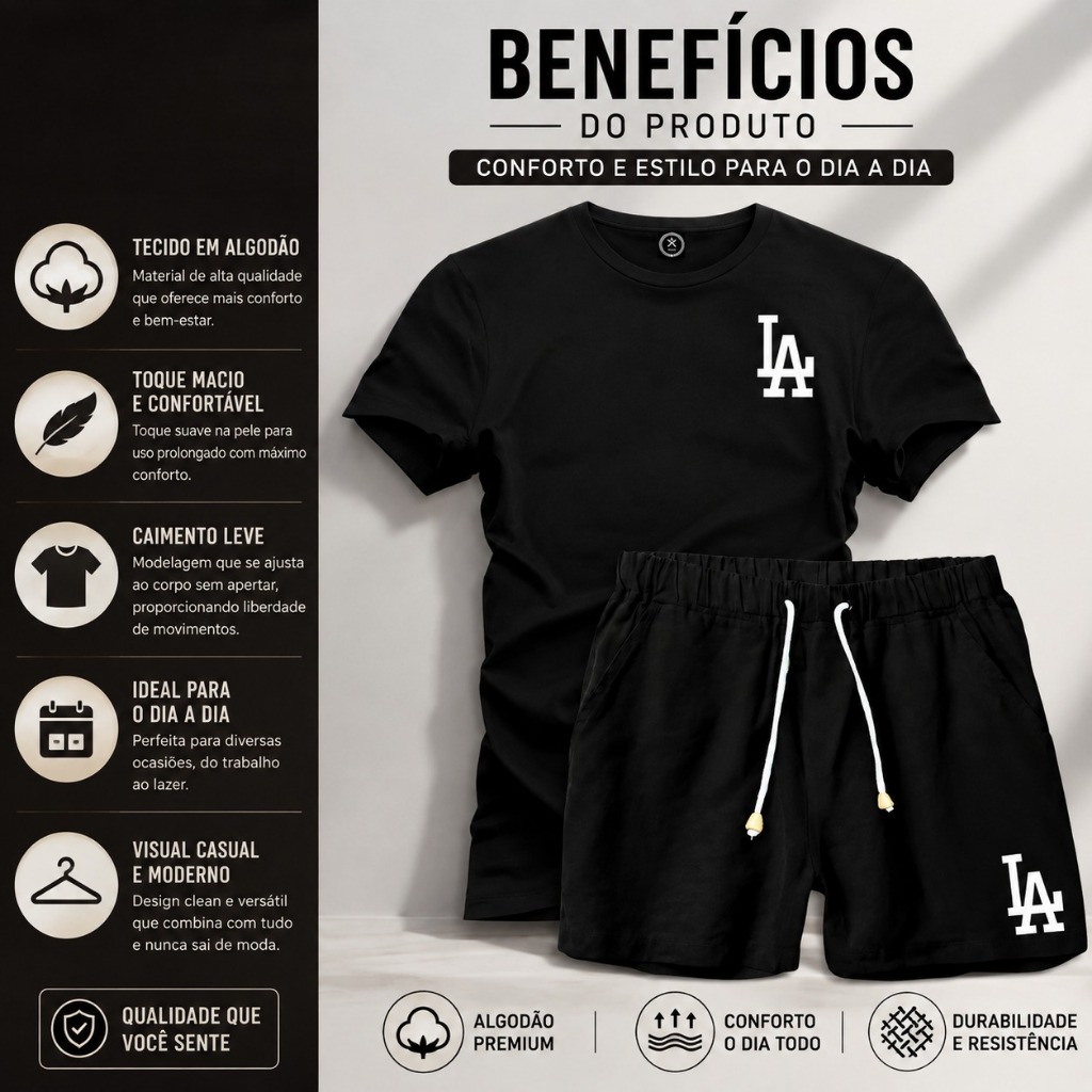 Conjunto Masculino Camiseta + Bermuda Casual Confortável Estiloso Moderno para Academia Passeio Viagem Festa e Uso Diári