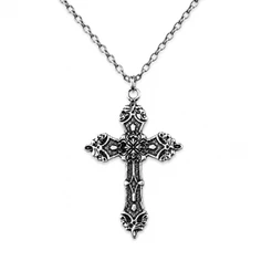 Colar Gótico Cruz Vintage Crucifixo Barroco Antigo Retrô Prata Envelhecida