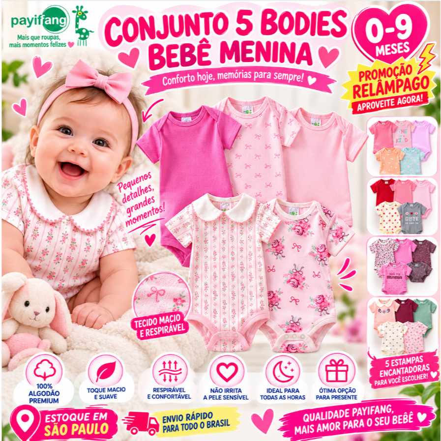 Kit 5 Bodies Bebê Menina Manga Curta 100% Algodão Rosa Floral Gola Envelope Botão de Pressão