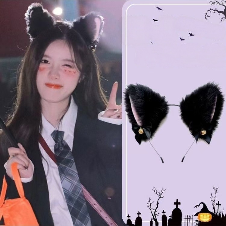 Tiara de orelha de gato peluda com laço e sino - Acessório fofo para Cosplay, Festa e Fotos