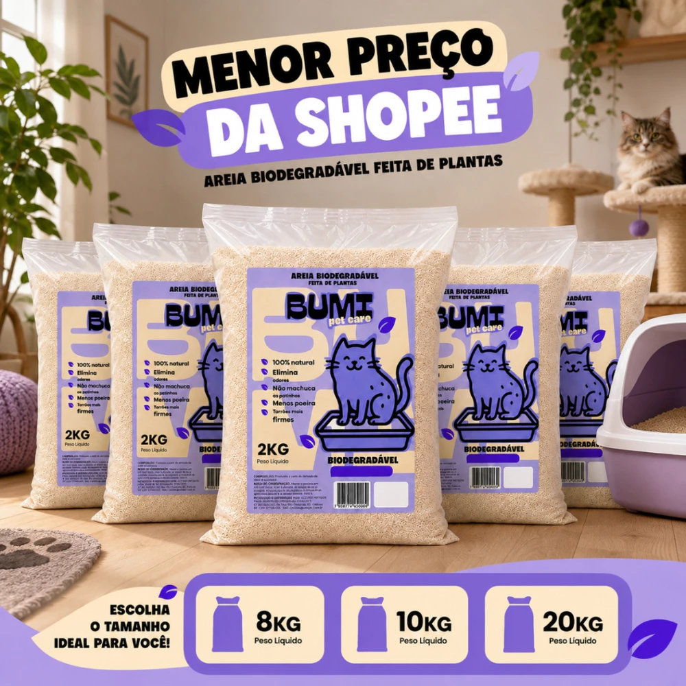 Kit Areia Bumi Pet 8kg a 20kg Mandioca Natural Alta Absorção Anti Odor Gatos