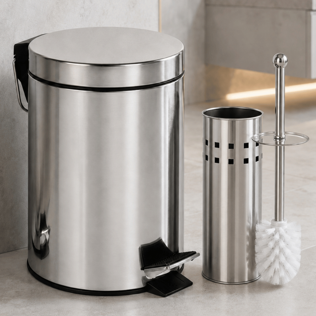 Kit Banheiro Lixeira Inox C/ Pedal Tampa  3L + Escova Sanitária Aço Inox Limpeza Higienização Privada