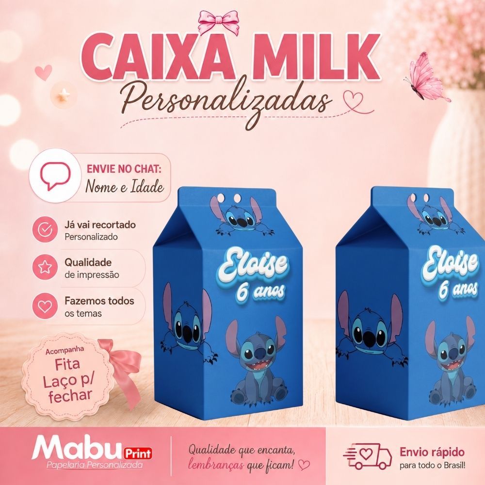 Kit Caixinhas Milk Personalizada Com Nome Tema STITCH Personalizada Lembrancinhas de Festa