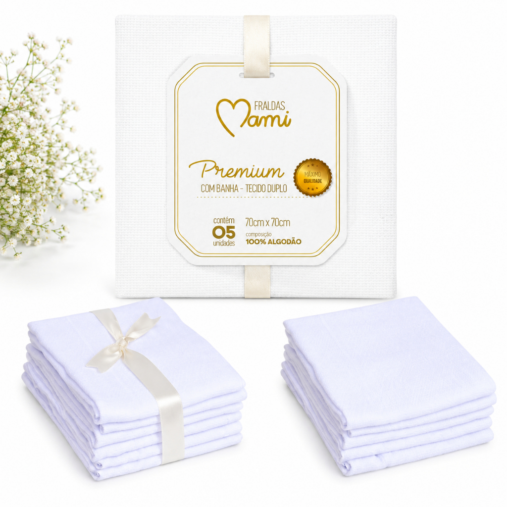 FRALDA DE PANO PREMIUM MAMI COM BAINHA LISA BRANCA- KIT COM 5 UN PAPI PARA BEBÊ 70X70CM