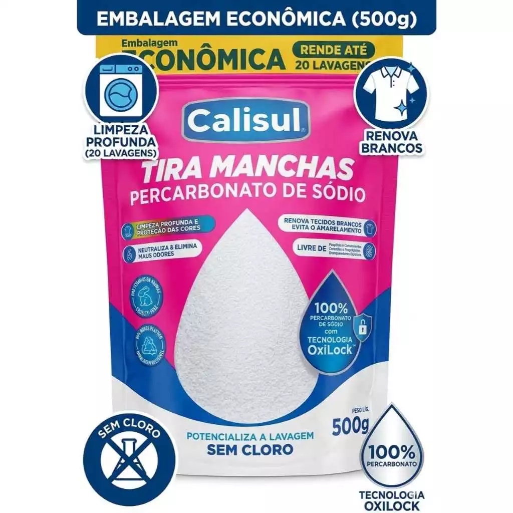 PERCARBONATO de sódio Calisul 100% PURO Removedor de Manchas de Roupas Branca e colorida 500g OXIGÊNIO ATIVO 500g