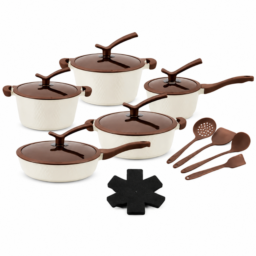 Jogo de Panelas 16 Peças Indução Gás Conjunto Cerâmica Antiaderente Tampa de Vidro Cozinha Cooktop