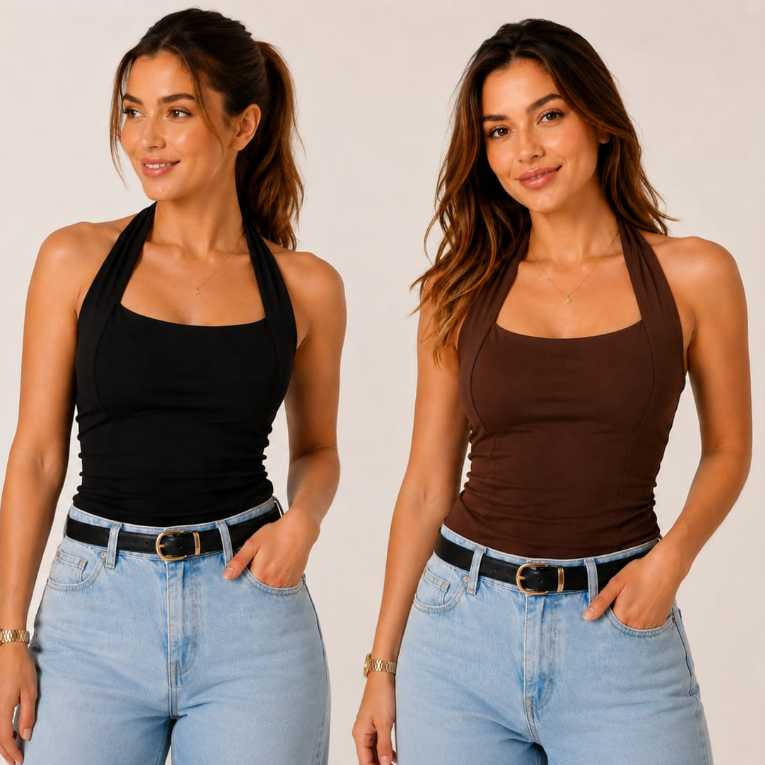 Kit 2 Blusa Regata Feminina Top Halter Decote Frente Unica Costa Nua Casual