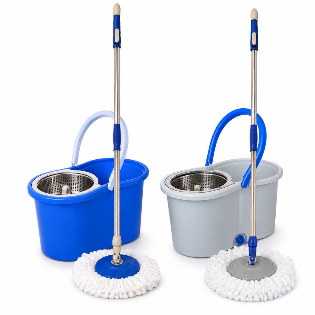 Mop Giratório Clean Tech Com Balde Centrífuga Cesto Inox 8L Cabo Extensível Lava Seca Limpeza Fácil