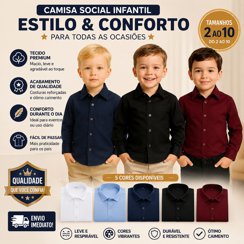 Camisa Social Infantil Manga Longa Menino – Festa Casamento Batizado Tamanhos 2 ao 10 - Envio Imediato !!!