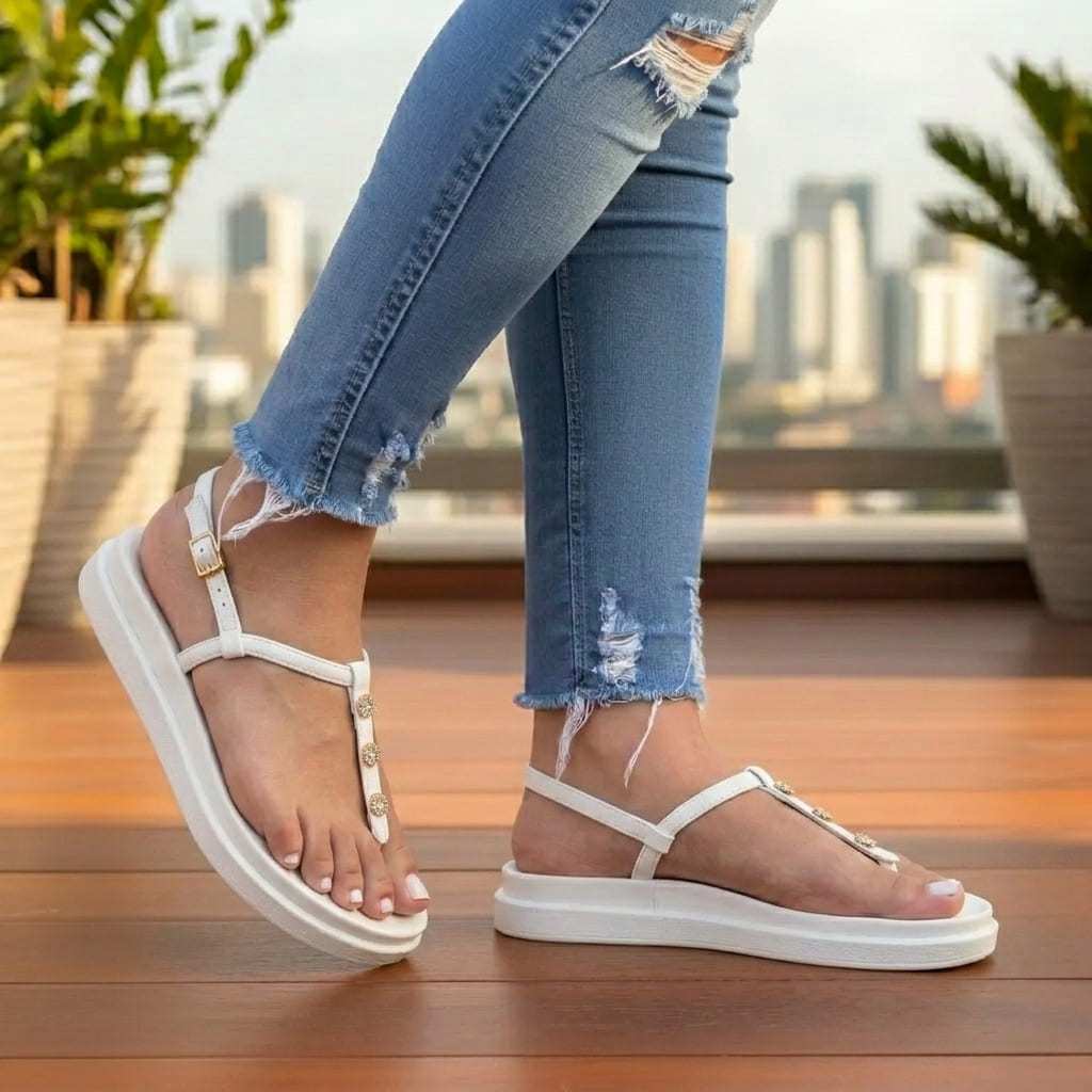 Sandália Feminina Plataforma com Rebites Salto Baixo Anatômico Macio Leve Confortável