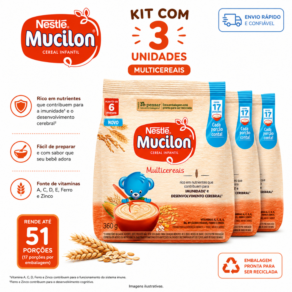 Mucilon Multicereais 360g – Kit com 3 Unidades Total 1,08kg - Nestle