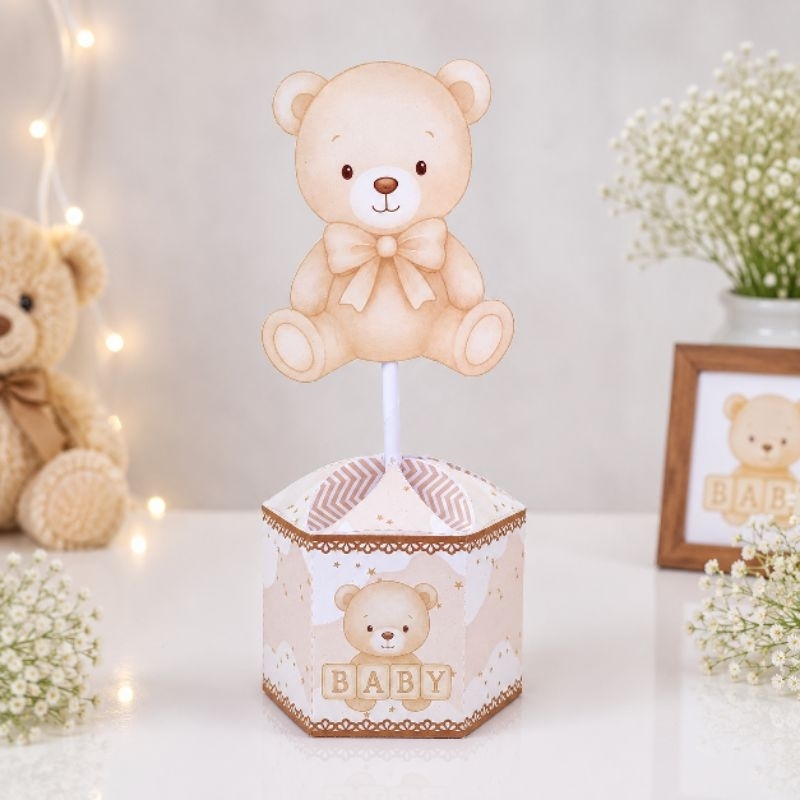 Centro de Mesa Ursinho Bege Kit PegueMonte - Personalizados - Aniversário - Mêsversário - Chá Revelação
