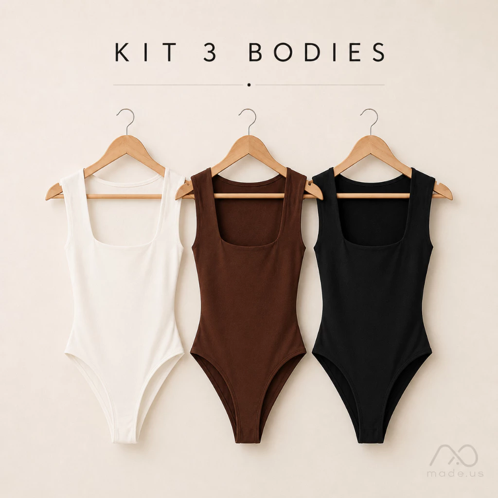 Kit 3 Body Regata Decote Quadrado Feminino Luxo Alças Grossas Collant Sulplex Forro Dulplo