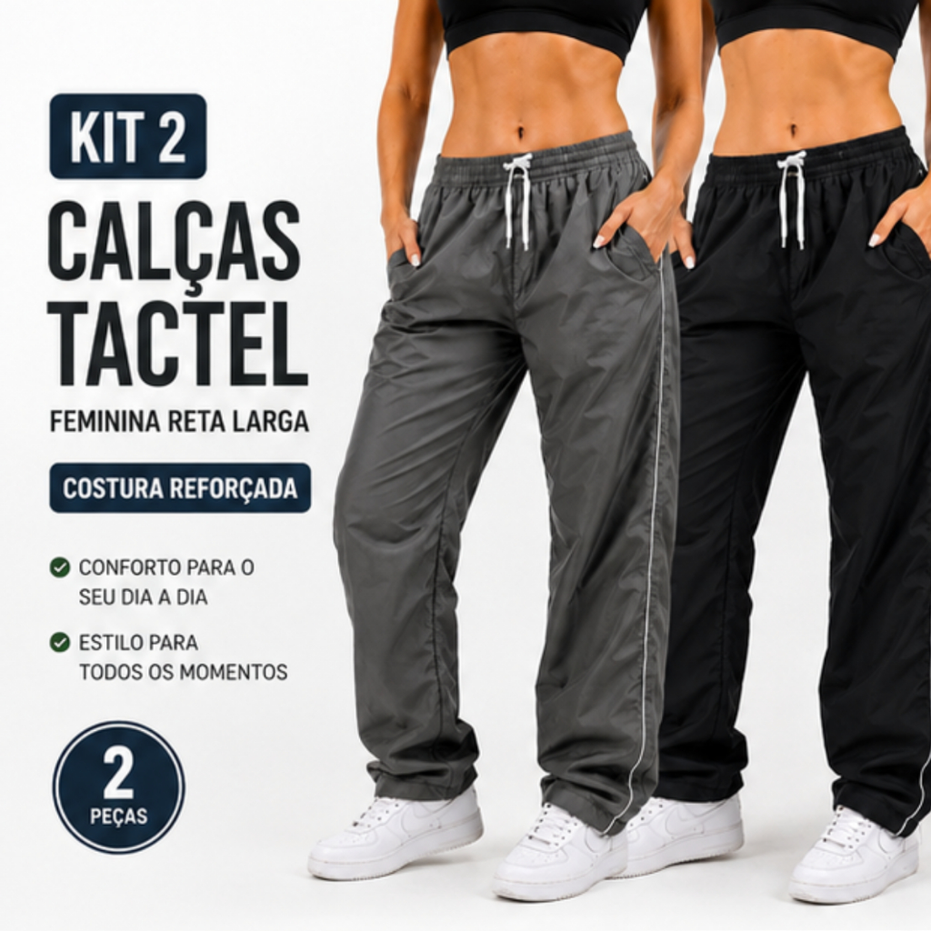 Kit 2 Calças Tactel Feminina Reta Larga Costura Reforçada