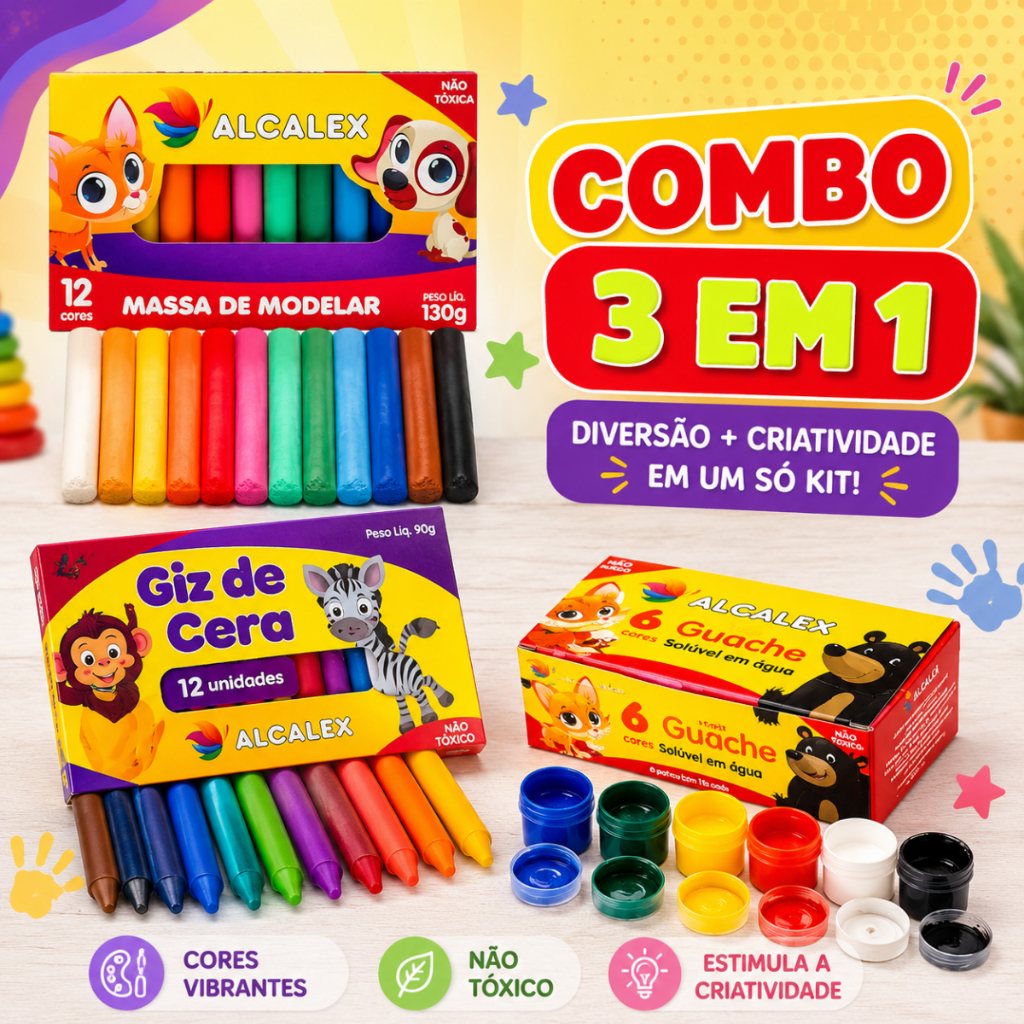 Kit Massinha de Modelar 12 cores + Tinta Guache + Giz de Cera 12 Cores Lembrancinha Infantil