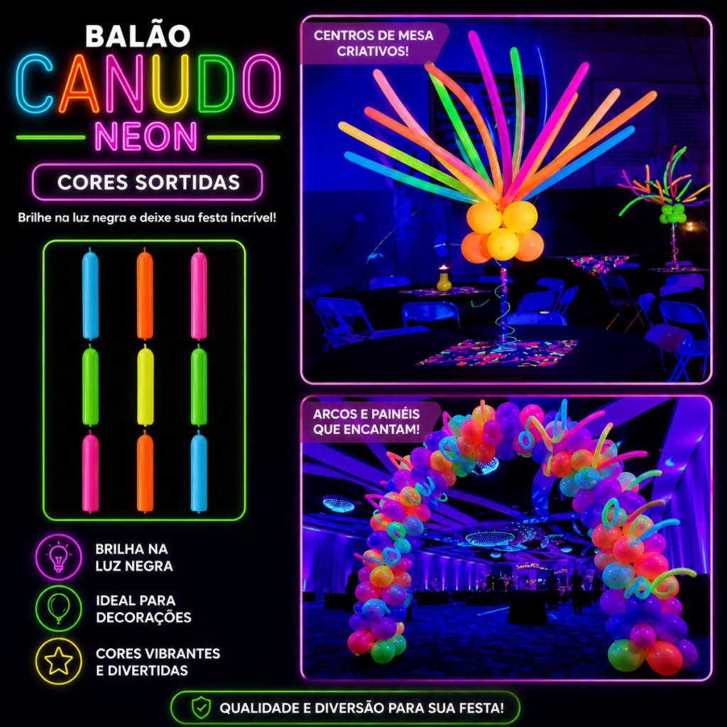 50 - Unid Balão Bexiga Canudo Palito Neon Tam 260 Festa.
