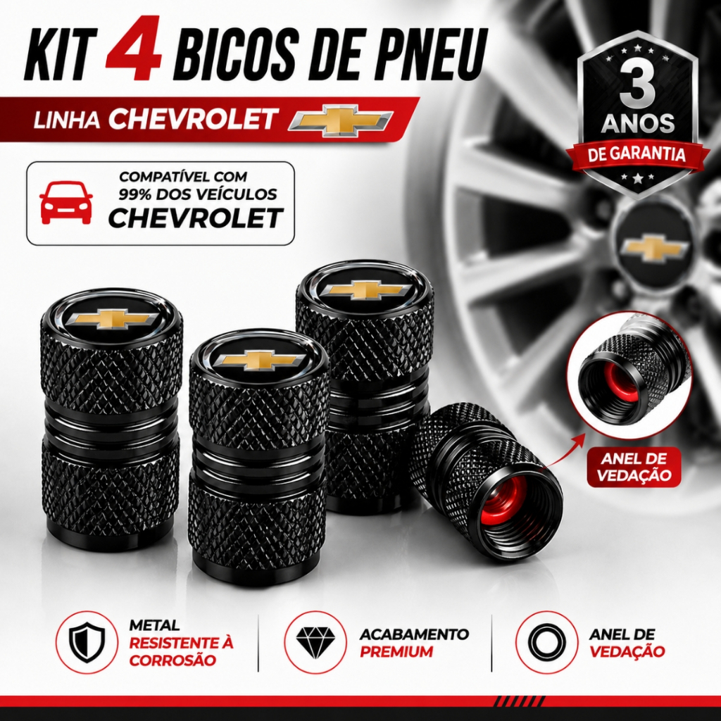 Kit 4 Tampas Bico Pneu Metalica Universal Veículos Chevrolet Onix Tracker S10 Blazer Montana Onix Plus Spin Celta Cruze