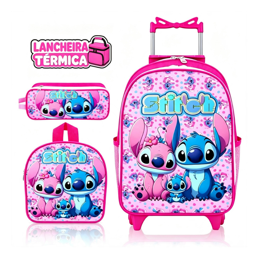 Kit Escolar 3 Peças Mochila Bolsa Infantil com Carrinho com Rodinhas + Lancheira Térmica + Estojo Volta às Aulas