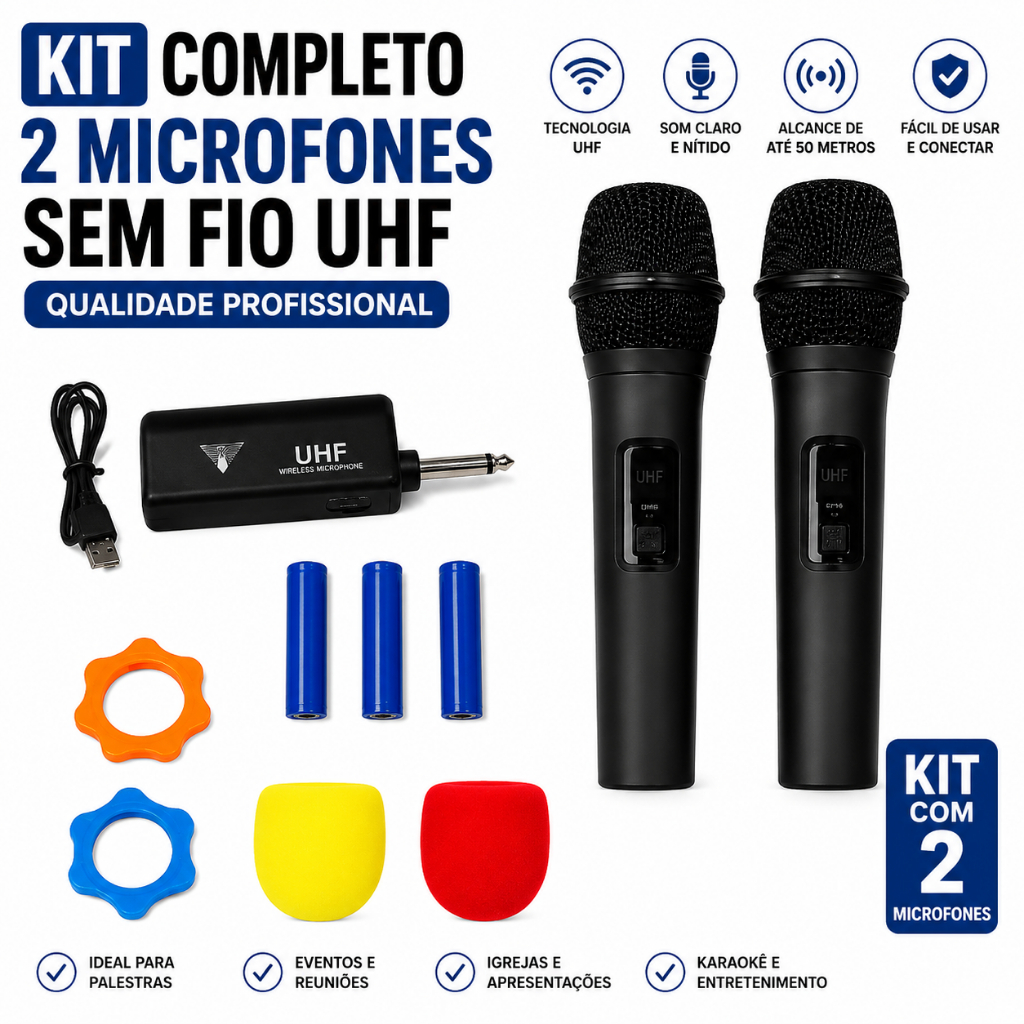 Kit Microfone Sem Fio Duplo D-MAX UHF Profissional P10 Receptor Recarregável Para Igreja Karaokê Show Palestra