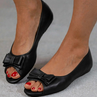 Sapatilha Feminina Peep Toe com Laço PRETA  Aberta Confortável