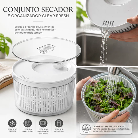 Secador de Salada 5,5l Centrifuga com Tampa de Acrílico Manual Giratório Organizador de Geladeira Ou Kit Completo