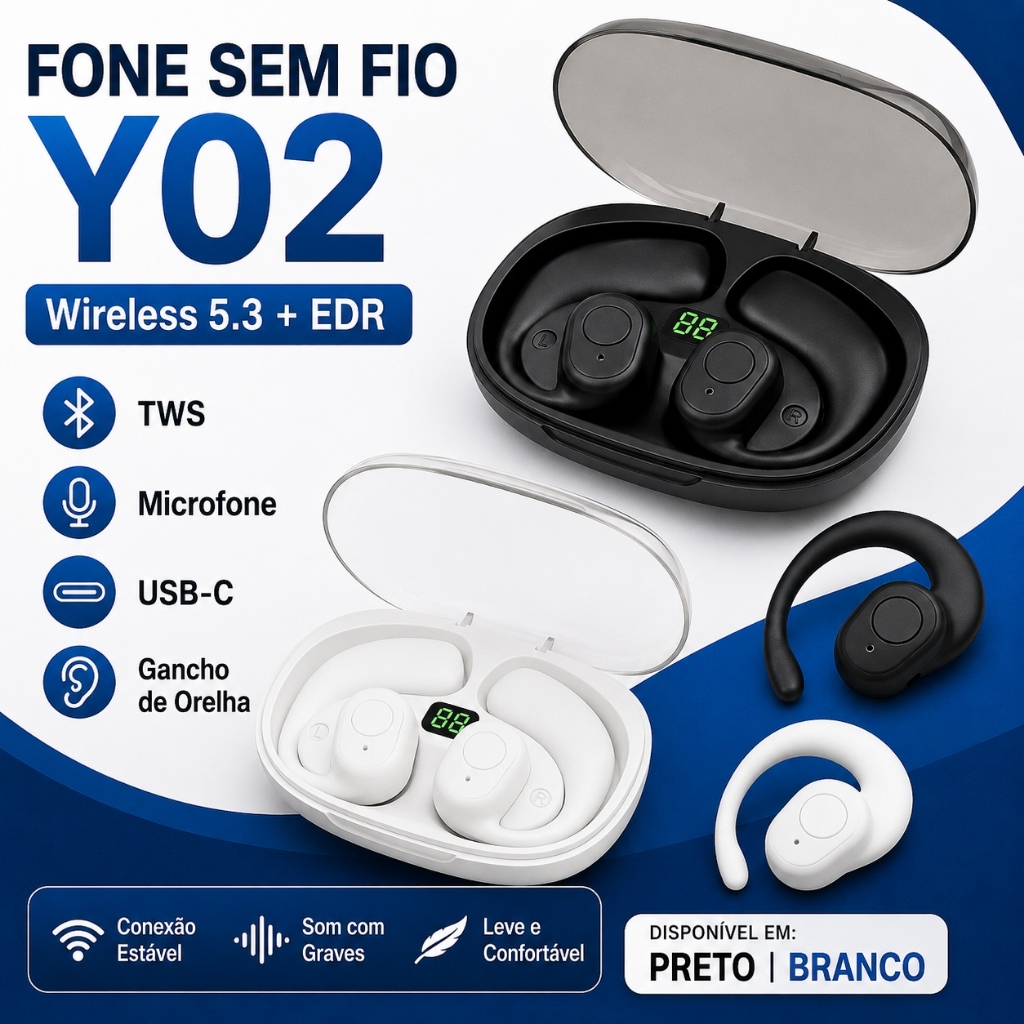 Fone Y02 Bluetooth 5.3 Sem Fio TWS com Gancho de Orelha Microfone Estojo Recarregável USB-C