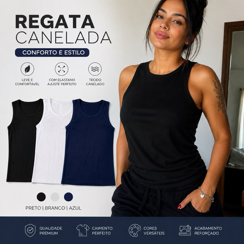 Regata Feminina Canelada com Elastano Básica Justa Confortável