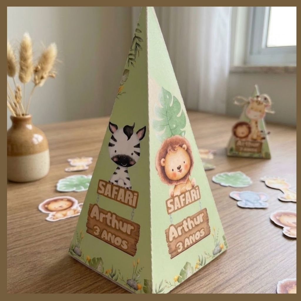 kit 10/20/25 Caixinha Pirâmide Personalizada Tema Safari para Lembrancinha de Festa Infantil, Aniversário, Nome e Idade