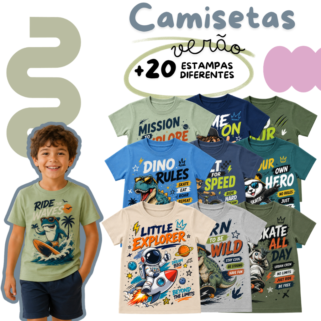 Kit 3 a 10 Peças de Camisetas Sortido Menino Infantil Algodão Calor Diversas Estampa - 1 a 8 anos