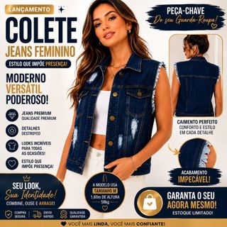 Colete em Jeans curto sem manga Feminino estiloso