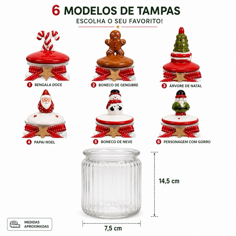 Potes De Vidro Natalino Canelado 300ml Tampa de Cerâmica