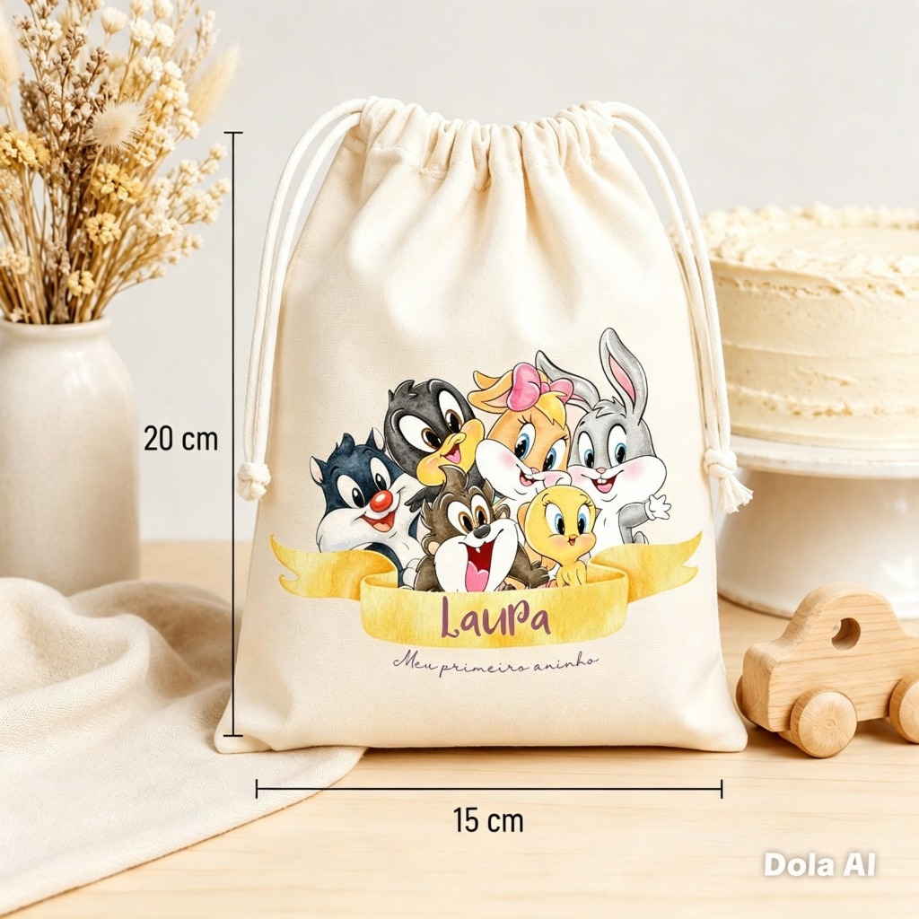 Saquinho Surpresa Baby Looney Tunes Personalizado 15x20 com Cordão Lembrancinha Aniversário Infantil Qualquer Tema