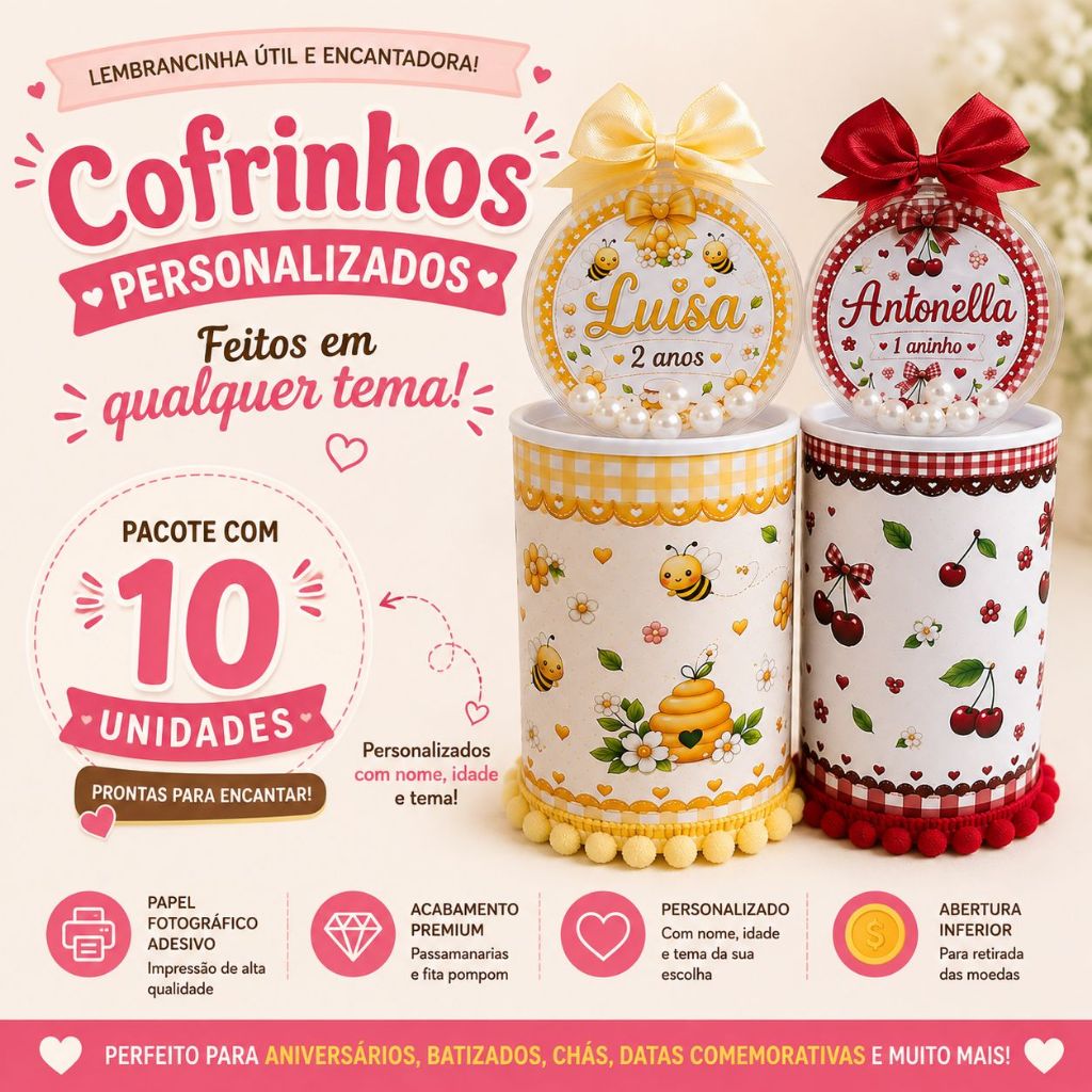 10 Cofrinho Personalizado Infantil Lembrancinha Aniversário Qualquer Tema Nome e Idade Festa Bebê