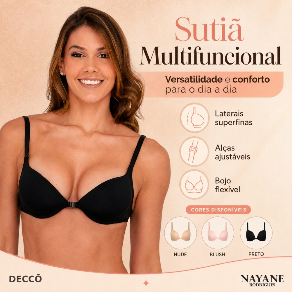 Sutiã Push Up Nayane Multifuncional Com Alças Removíveis Versátil Confortável Feminino