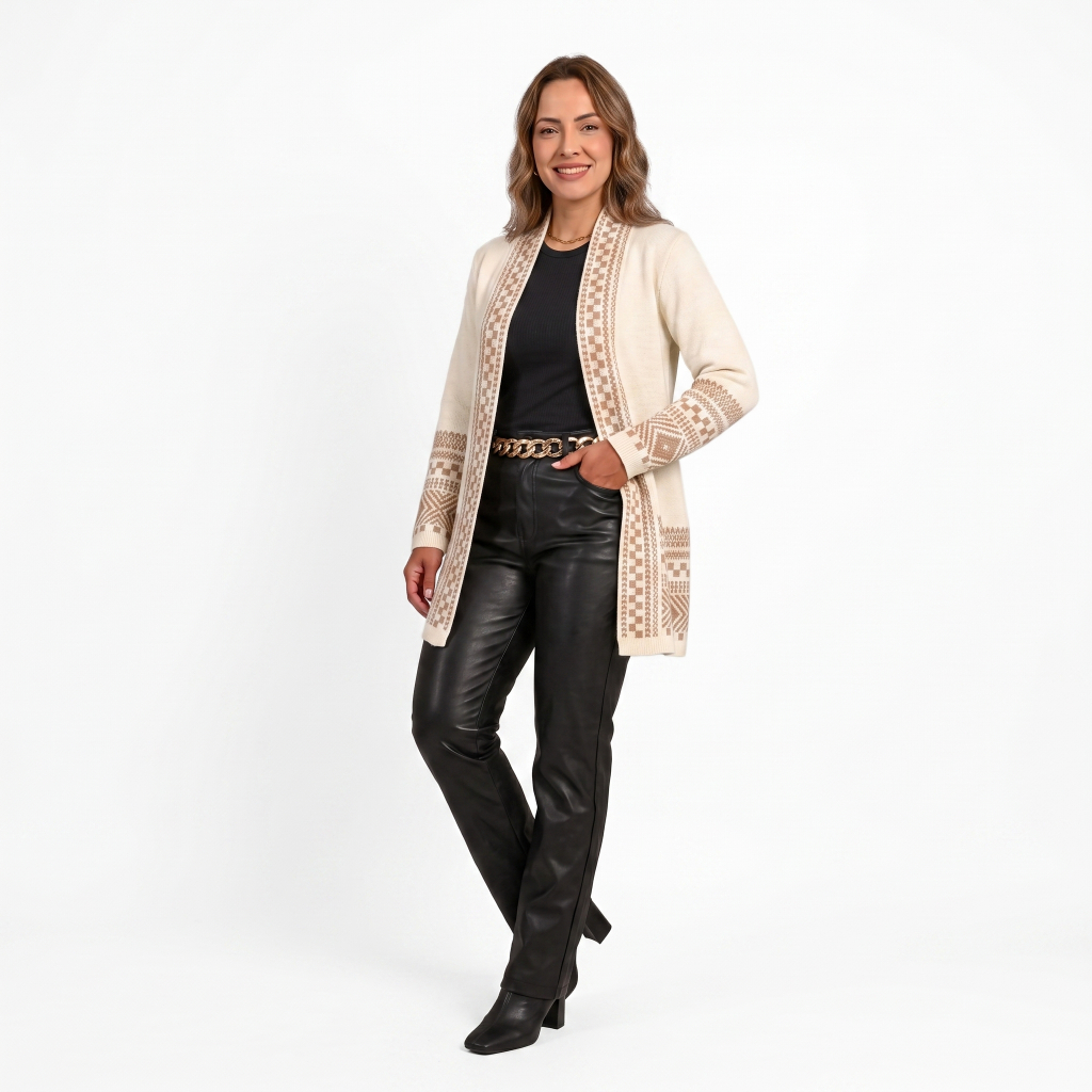 Cardigan Kimono Tricô Feminino Longo Jacquard Geométrico Listras Inverno Premium