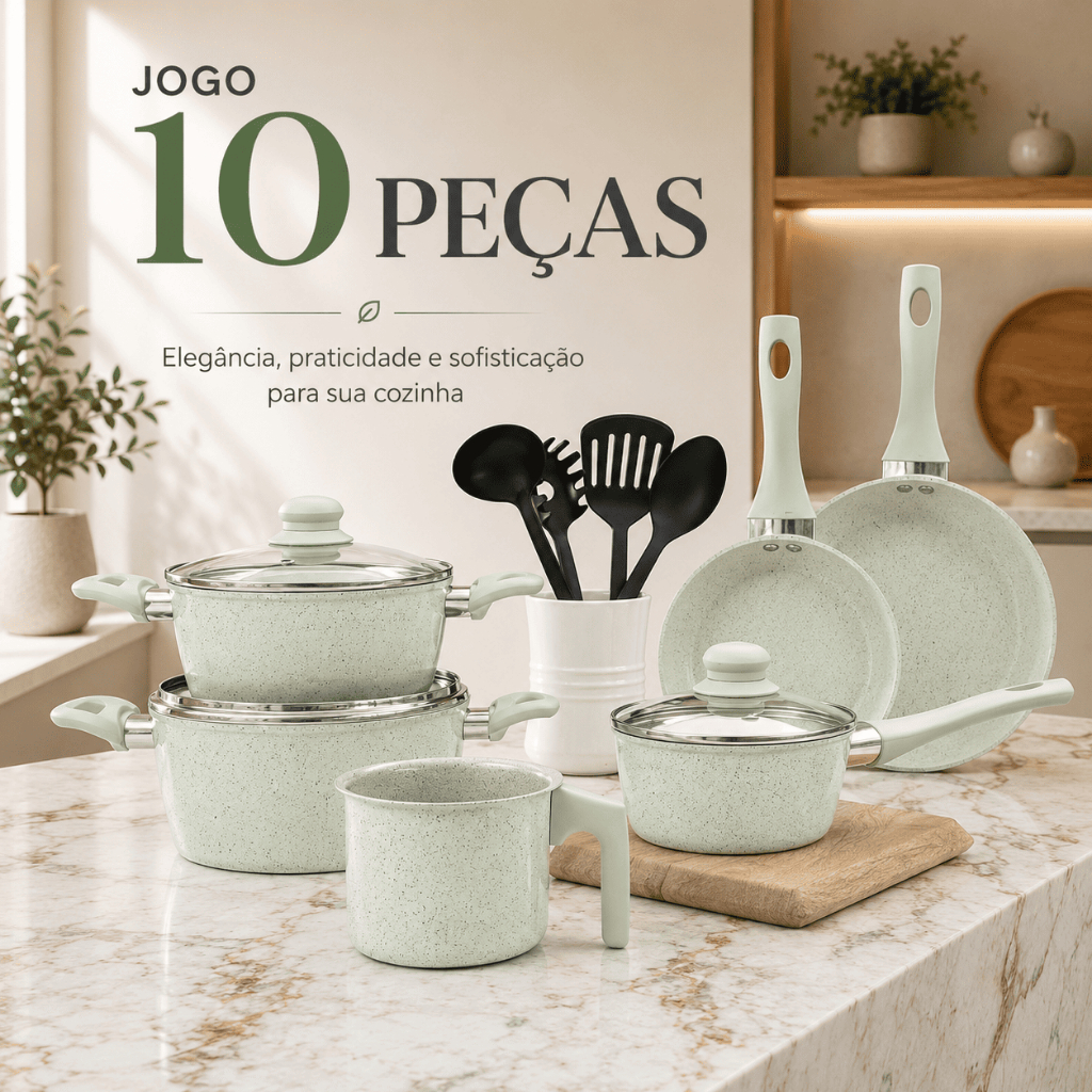 Jogo de Panelas Haushop 10 Peças Forjado Cerâmico Marmorizado com Utensílios Cozinha Completa