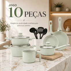 Jogo de Panelas Haushop 10 Peças Forjado Cerâmico Marmorizado com Utensílios Cozinha Completa