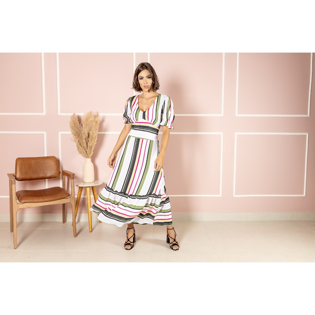 VESTIDO CREPE LONGO LISTRADO RCT FR LASTEX COSTA E MANGA