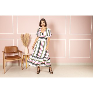 VESTIDO CREPE LONGO LISTRADO RCT FR LASTEX COSTA E MANGA