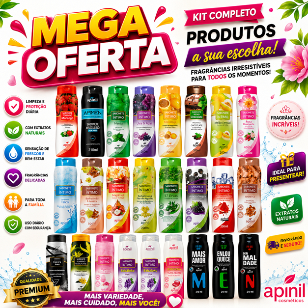 Kit 10 Sabonetes Íntimo 200ml APINIL- Fragrâncias Refrescantes OFERTA
