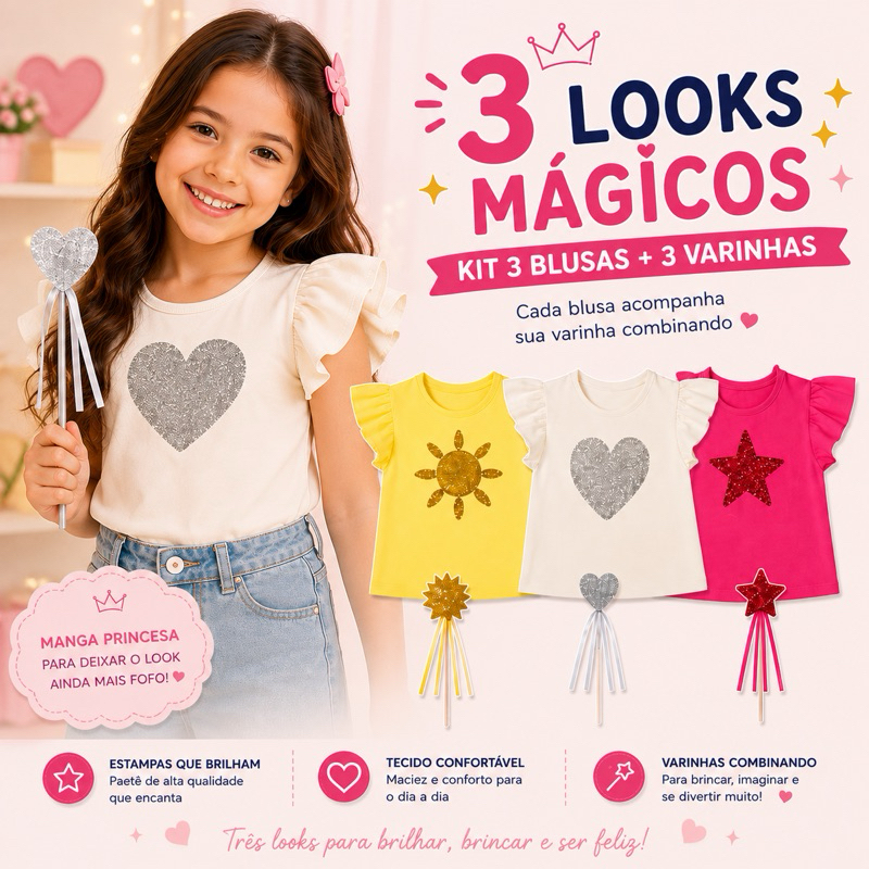 Blusa Infantil Feminina com Paetê + Varinha Mágica - TAM 4 ao 10