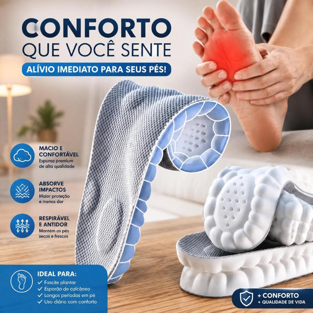 Palmilha Super 4D Confortável Gel Macia Pisada Leve Anatômica Anti Impacto Pronada Respirável Caminhada Corrida Trilhas
