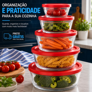 Conjunto 5 Potes Vidro Com Tampa Jogo De Vasilhas Tigelas - Desconto