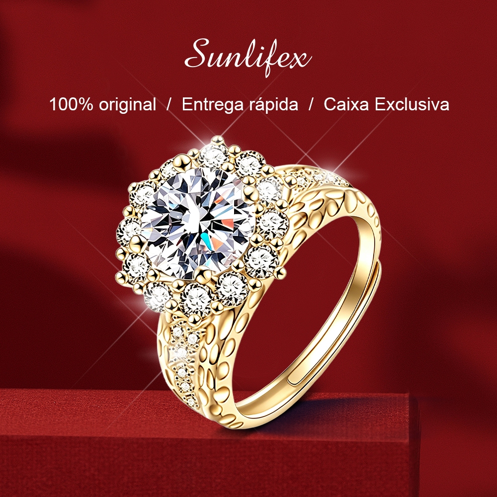 Sunlifex Anel Feminino R009 Original Diamante Zircônia 5A Elegante Fashion Banhado a Platina Ajustável Anel Prata