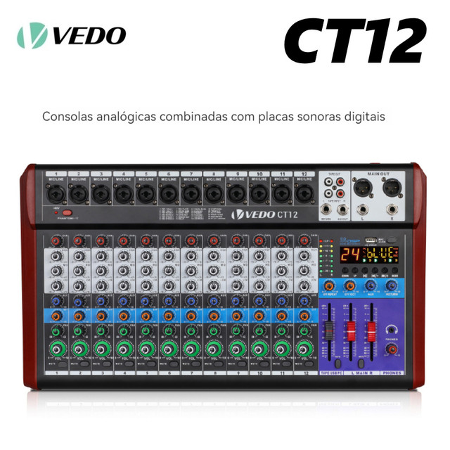 VEDO CT12 Mesa de Som Profissional 12 Canais 24 Efeitos DSP Digitais EQ de 3 Bandas para Live