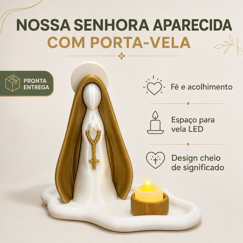 Nossa Senhora Aparecida 16 cm com Porta-Vela LED e Bandeja | Kit Decorativo Religioso